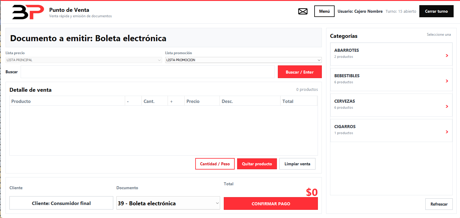 Pantalla del punto de venta BoletaPOS