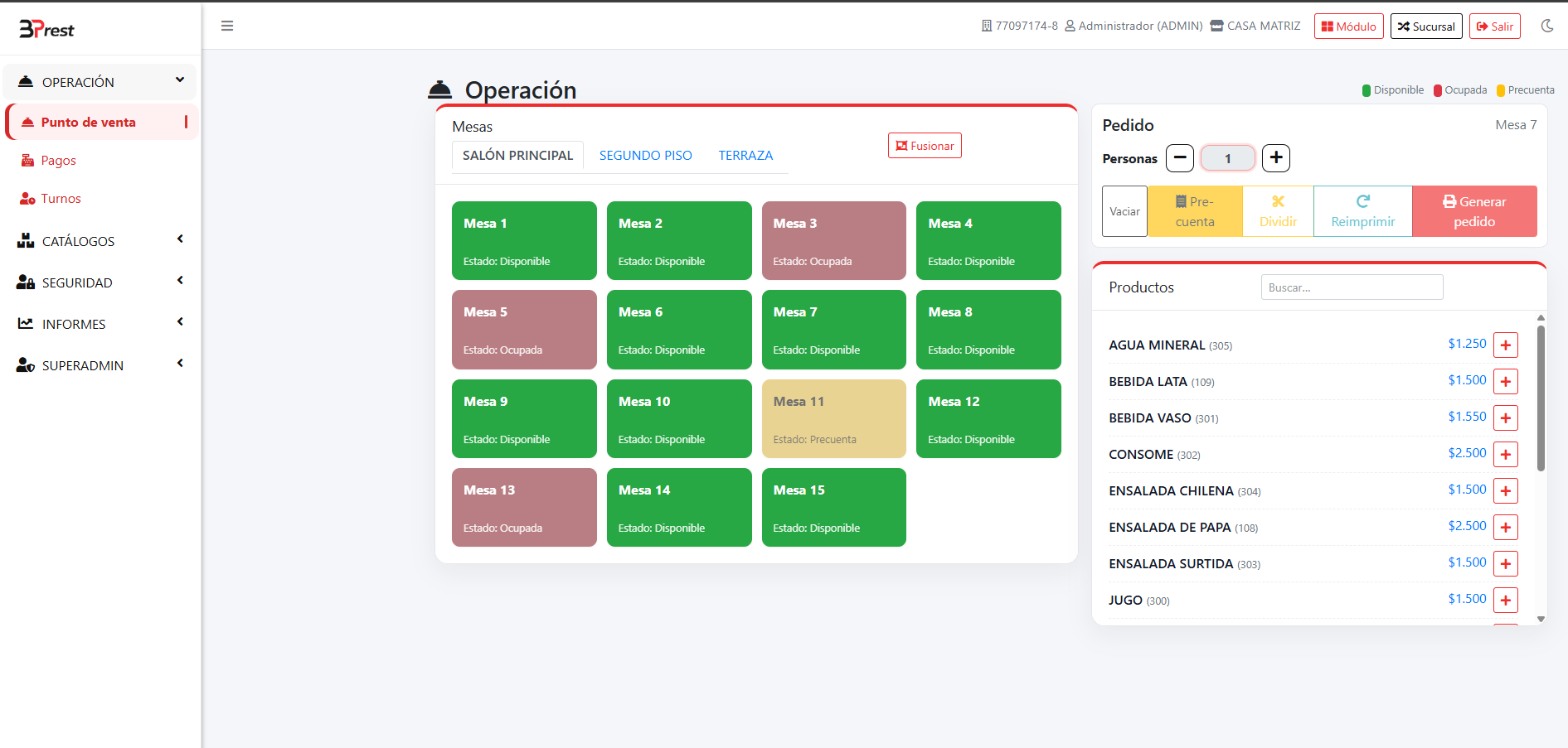 Vista del módulo de operación y mesas de BPrest